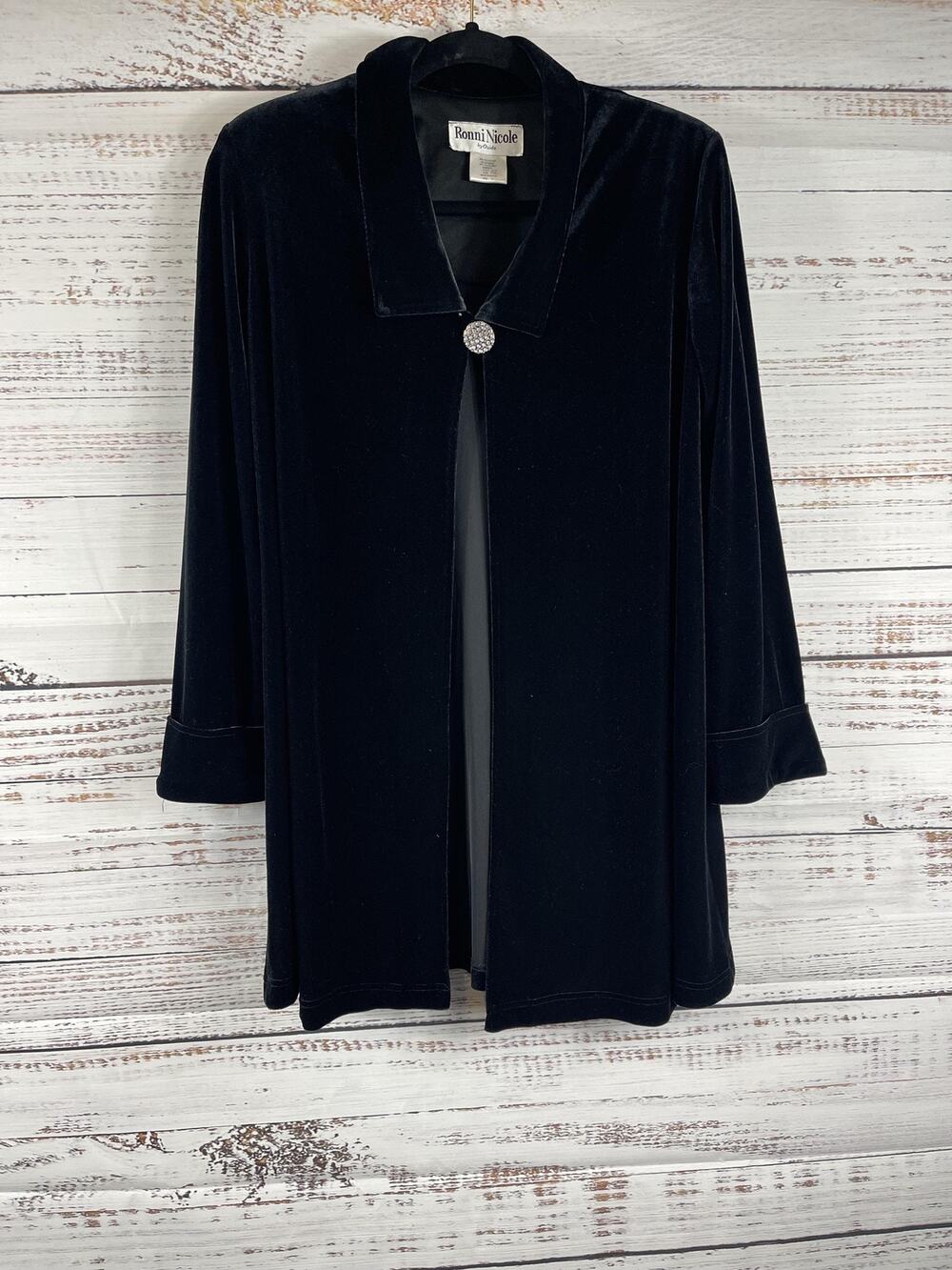 Ronni Nicole Jacket Womens Small Black Velvet Rhinestone Button Open Front Party